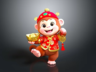 Cute Cartoon Monkey Wearing Red Traditional Costume With Golden Hat Gold Ingot And Chinese Knot 3d model