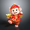 Cute Cartoon Monkey Wearing Red Traditional Costume With Golden Hat Gold Ingot And Chinese Knot