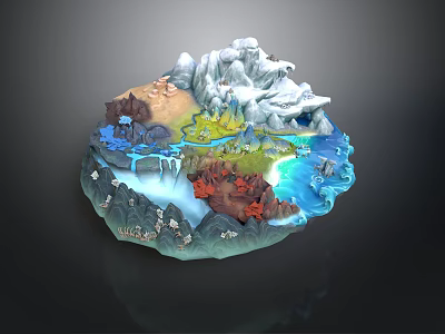3D Landscape Model with Snowy Peaks Mountains Rivers Lakes and Diverse Terrains 3d model