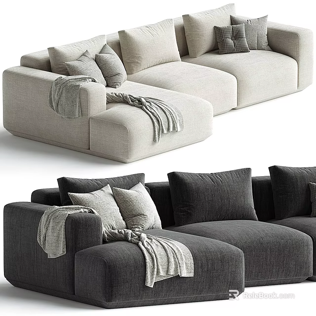 Stylish Light and Dark Upholstered Sectional Sofa with Pillows and Throw Blankets 3d model 