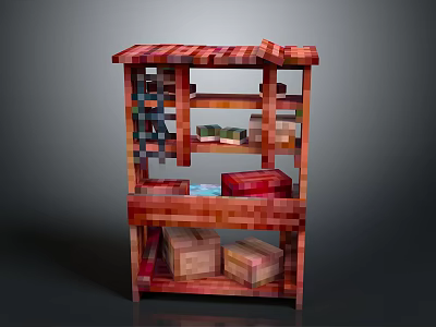 Wooden Multi Tiered Storage Shelf With Various Storage Boxes And Items 3d model