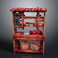 Wooden Multi Tiered Storage Shelf With Various Storage Boxes And Items