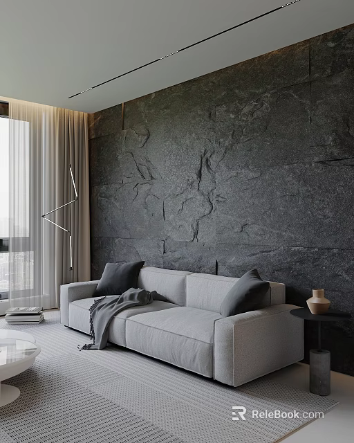 Gray Stone Texture Sofa Background Wall With Light Gray Sofa Black Cushions And Floor Lamp 3d model 