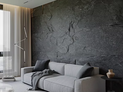 Gray Stone Texture Sofa Background Wall With Light Gray Sofa Black Cushions And Floor Lamp 3d model