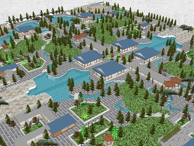 Scenic Park Landscape With Lush Trees Serene Lakes And Traditional Buildings 3d model