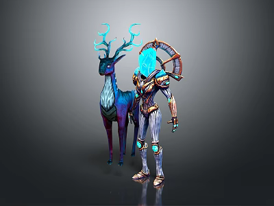 Ethereal Armored Character With Blue Crystal Head And Purple Deer With Blue Antlers 3d model