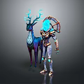 Ethereal Armored Character With Blue Crystal Head And Purple Deer With Blue Antlers