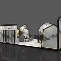 Modern Exhibition Reception Desk With Marble Countertop Landscape Painting And Green Plant Decor