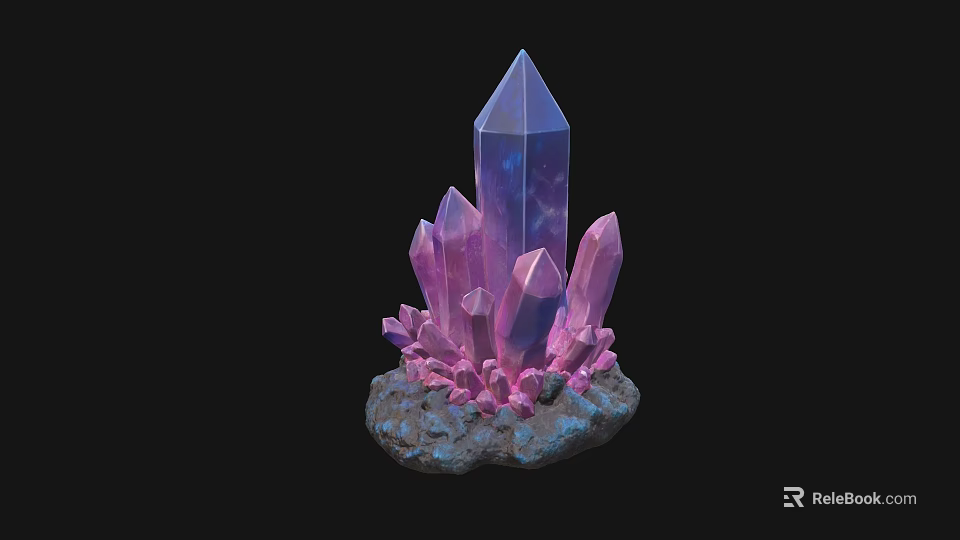 Purple Crystal Cluster With Sharp Edges Vibrant Hue And Rock Base 3d model 