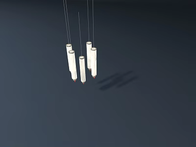 Modern Minimalist Four White Cylindrical Pendant Lights Hanging In Dark Interior 3d model