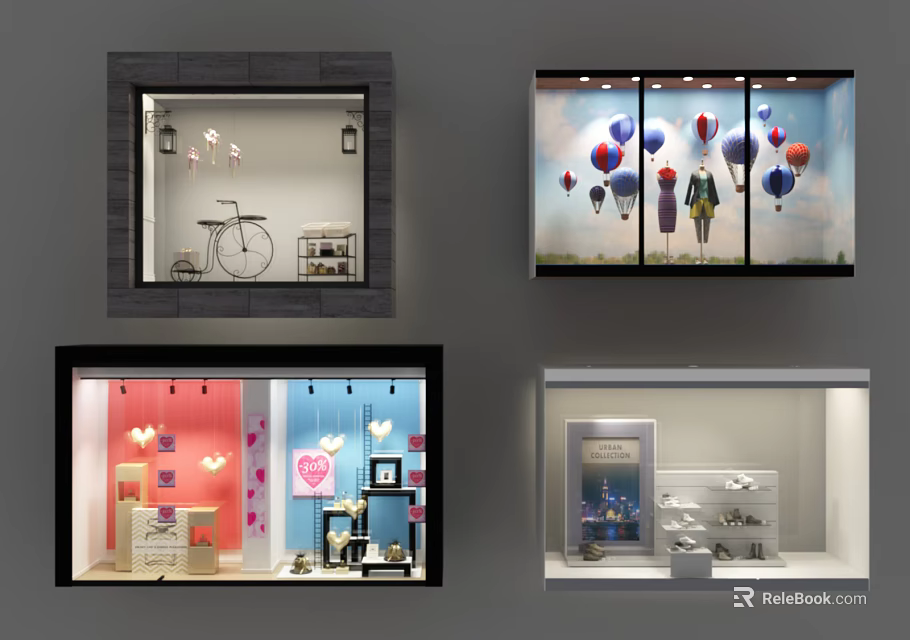 Creative Shop Window Displays with Mannequins Balloons Shoes and Bright Lighting Decorations 3d model 
