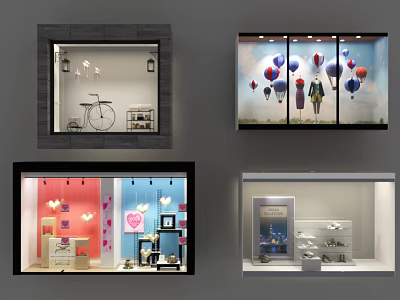 Creative Shop Window Displays with Mannequins Balloons Shoes and Bright Lighting Decorations 3d model