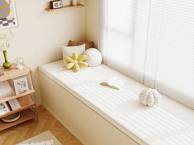 Cozy Sunlit Bay Window Seat With Decorative Pillows Book And White Blinds 3d model