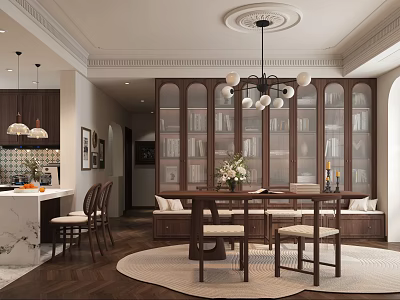 Elegant Modern Dining Living Room Interior With Wooden Bookshelves Dining Table And Chandelier 3d model