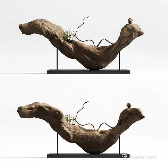 Natural Wood Tree Root Shaped Decorative Ornament Set With Black Stand And Small Plants 3d model 