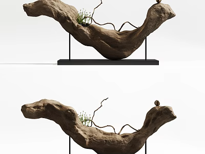 Natural Wood Tree Root Shaped Decorative Ornament Set With Black Stand And Small Plants 3d model
