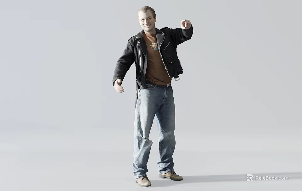 Man Extending Arm In Black Jacket Brown Shirt Blue Jeans Beige Shoes On Gray Background 3d model 