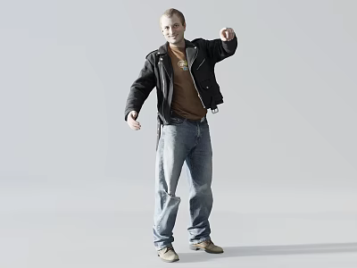 Man Extending Arm In Black Jacket Brown Shirt Blue Jeans Beige Shoes On Gray Background 3d model