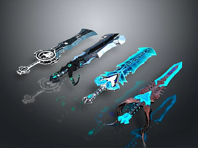Game Inspired Fantasy Swords With Glowing Blue Blades And Intricate Designs 3d model