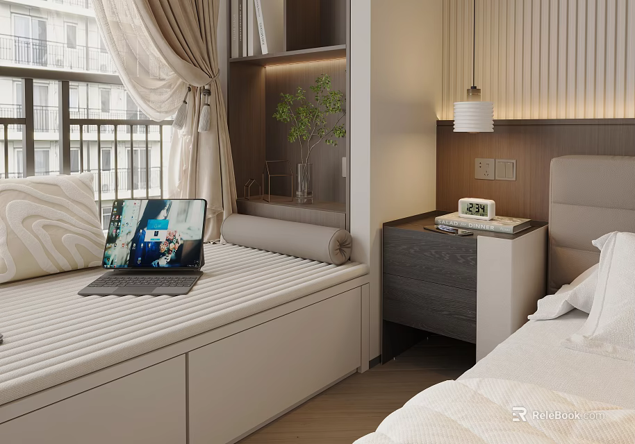 Modern Minimalist Bedside Table In Bedroom Interior With Lamp And Green Plant 3d model 