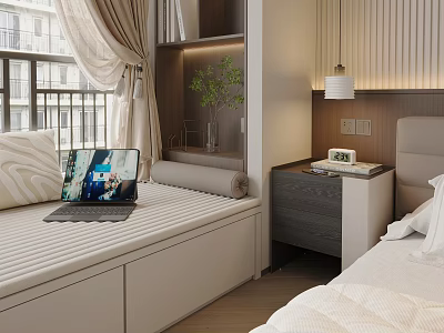 Modern Minimalist Bedside Table In Bedroom Interior With Lamp And Green Plant 3d model