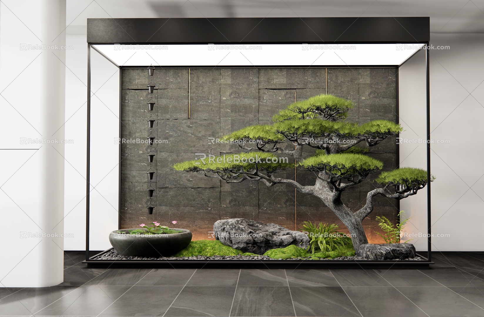 Modern interior landscape patio courtyard sketch stone moss water bowl rain chain plant landscaping flowers and plants combination 3d model