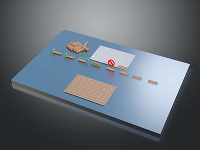 Landscape Construction Materials Display With Bricks Wood Planks And Warning Signs 3d model