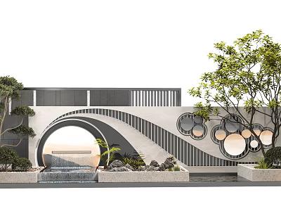 Modern Courtyard Design With Circular Arch Water Fountain And Geometric Wall Plants 3d model