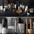 Stylish Kitchen Utensils Arranged On Shelves With Black Tiled Wall Jars Mugs Spoons Cutting Boards