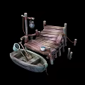 Wooden Boat Moored at Wooden Dock With Lantern Bucket and Fishing Net