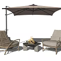 Outdoor Sofa Seating With Umbrella Fire Pit Table And Two Chairs 3d model