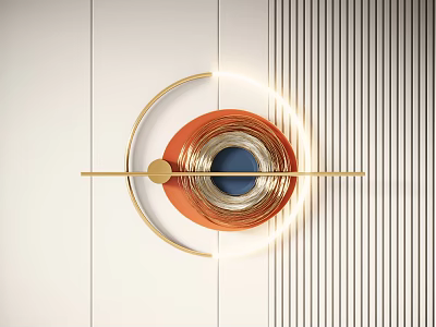 Modern Wall Decor With Gold Circular Frame Orange Blue Accents And Lighting On White Wall 3d model
