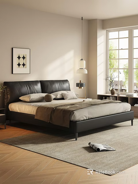 Black Leather Double Bed With Decorative Painting Pendant Lamp And Natural Light 3d model 