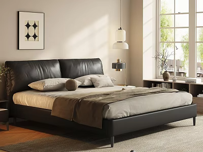 Black Leather Double Bed With Decorative Painting Pendant Lamp And Natural Light 3d model