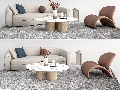 Modern Sofa and Coffee Table Set with Marble Top and Accent Chair on Soft Rug 3d model