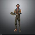 Man Holding Palette Wearing Painted Overalls Standing Barefoot Against Gray Background