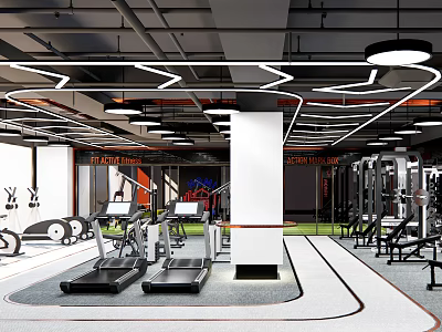 Modern Gym Interior Design With Well Equipped Fitness Equipment Treadmills And Training Zone 3d model