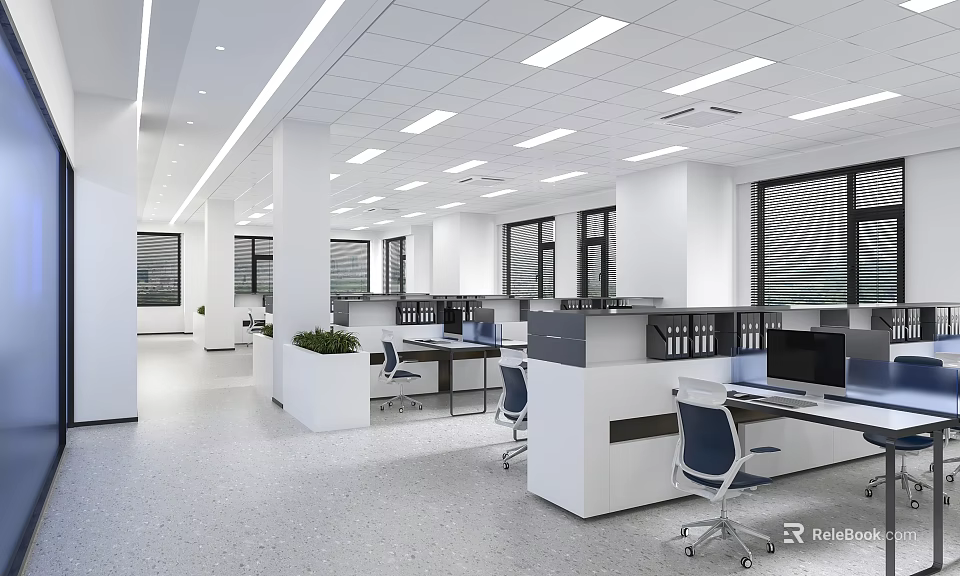 Open Public Office Space Featuring Modern Workstations Computers Office Chairs Green Plants And Large Windows 3d model