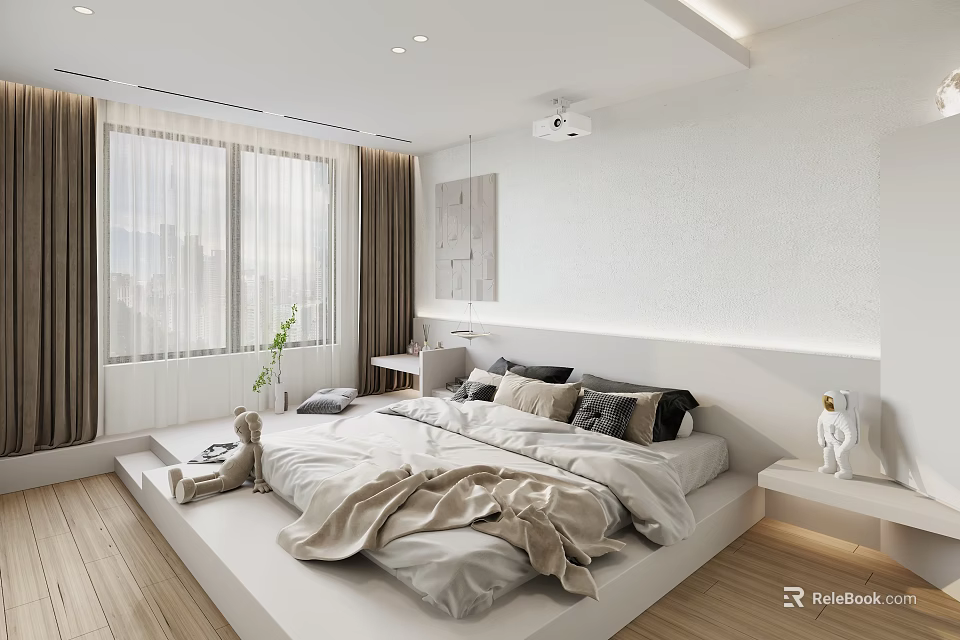 Contemporary Bedroom With White Platform Bed Wooden Flooring Large Windows Curtains Wall Art And Projector 3d model 