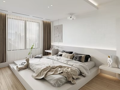 Contemporary Bedroom With White Platform Bed Wooden Flooring Large Windows Curtains Wall Art And Projector 3d model