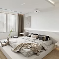 Contemporary Bedroom With White Platform Bed Wooden Flooring Large Windows Curtains Wall Art And Projector