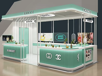 Light Green Modern Mall Counter Featuring Brand Logos And Display Shelves 3d model
