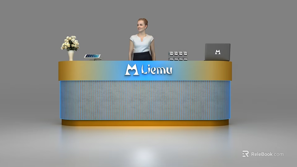 Modern Blue And Gold Reception Desk With Viemu Logo Flower Vase And Laptop By Receptionist 3d model 
