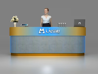 Modern Blue And Gold Reception Desk With Viemu Logo Flower Vase And Laptop By Receptionist 3d model