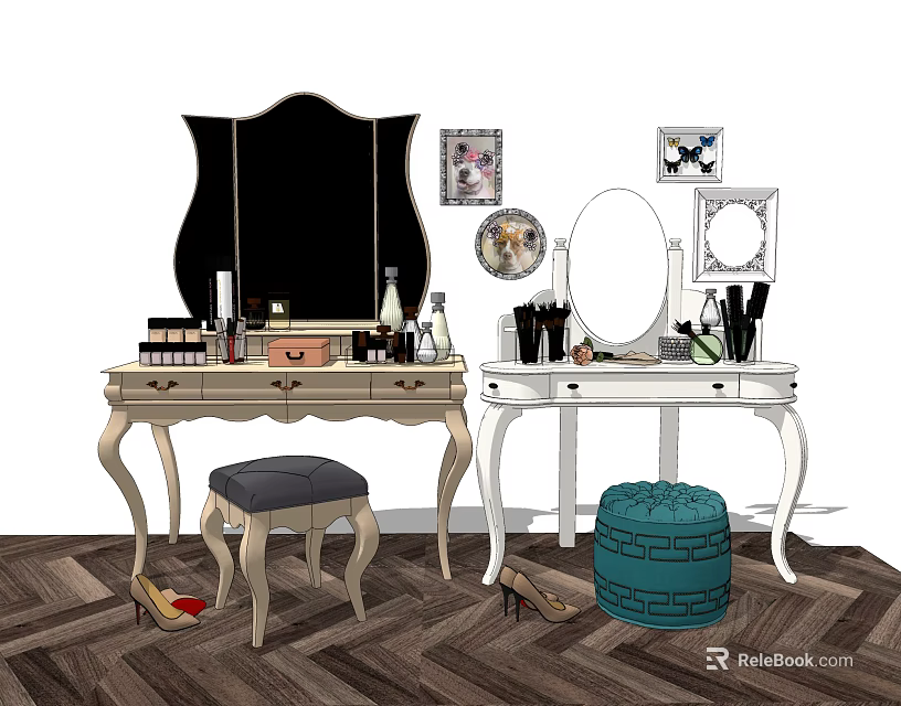 Elegant Light Colored And White Dressing Tables With Mirrors Cosmetics And Upholstered Stools 3d model 