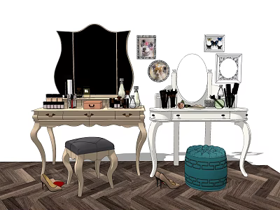 Elegant Light Colored And White Dressing Tables With Mirrors Cosmetics And Upholstered Stools 3d model