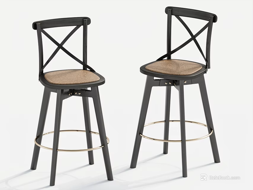Stylish Black Cross Back Dining Chairs With Light Brown Woven Seats And Golden Footrests 3d model 