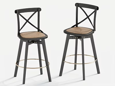 Stylish Black Cross Back Dining Chairs With Light Brown Woven Seats And Golden Footrests 3d model