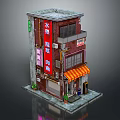 Two Story Traditional Chinese Street Shop Building With Red Brick Exterior Orange Awning And Signage
