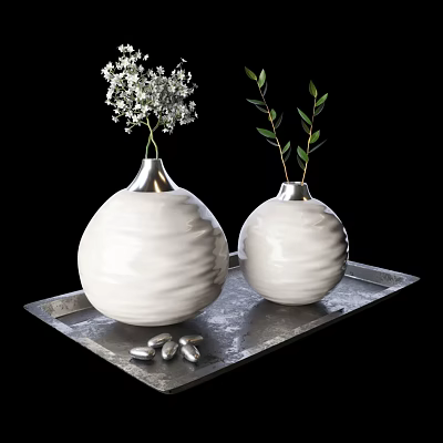 White Ceramic Vases With White Flowers And Green Branches On Metal Tray With Silver Objects 3d model